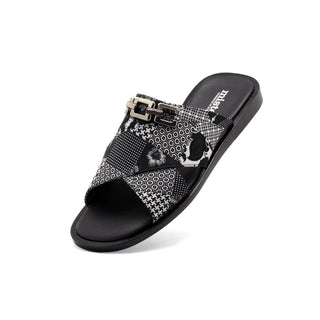 Mister 40770 Men's Shoes Black & White Jacquard Patchwork Fabric Horsebit Sandals (MIS1077)-AmbrogioShoes