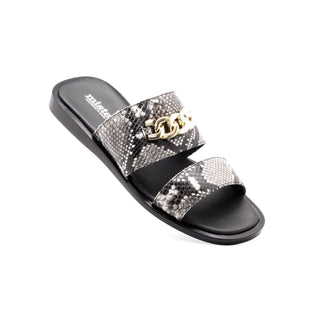 Mister 40771 Men's Shoes Black & White Snake Print / Goat Leather Slip-On Sandals (MIS1078)-AmbrogioShoes
