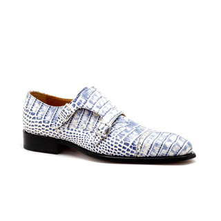 Mister 40851 Men's Shoes White & Blue Crocodile Print / Calf-Skin Leather Monk-Straps Loafers (MIS1097)-AmbrogioShoes