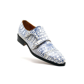 Mister 40851 Men's Shoes White & Blue Crocodile Print / Calf-Skin Leather Monk-Straps Loafers (MIS1097)-AmbrogioShoes