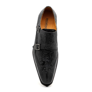 Mister 40856 Men's Shoes Black Oaknuts Flower Print / Calf-Skin Leather Monk-Straps Loafers (MIS1100)-AmbrogioShoes