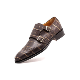 Mister 40857 Men's Shoes Dark Brown Crocodile Print / Calf-Skin Leather Monk-Straps Loafers (MIS1101)-AmbrogioShoes