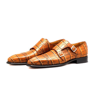 Mister Flix 40418 Men's Shoes Brown Crocodile Print Leather Monk-Straps Loafers (MIS1130)-AmbrogioShoes