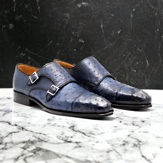 Mister Piles 40415 Men's Shoes Azure Blue Exotic Ostrich-Skin Monk-Straps Loafers (MIS1144)-AmbrogioShoes