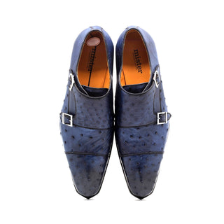 Mister Piles 40415 Men's Shoes Azure Blue Exotic Ostrich-Skin Monk-Straps Loafers (MIS1144)-AmbrogioShoes