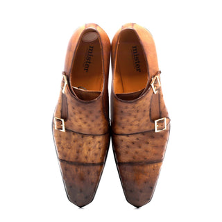 Mister Roma 40415 Men's Shoes Camel Exotic Ostrich-Skin Monk-Straps Loafers (MIS1146)-AmbrogioShoes