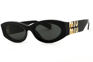 Miu Miu 0MU 11WS women's black plastic oval sunglasses with gold logo temples.