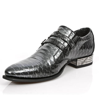 New Rock Buffalo Men's Shoes Black Snake-Skin Print / Calf-Skin Leather Monk-Straps Loafers M-2246-C30 (NR1251)-AmbrogioShoes