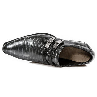 New Rock Buffalo Men's Shoes Black Snake-Skin Print / Calf-Skin Leather Monk-Straps Loafers M-2246-C30 (NR1251)-AmbrogioShoes