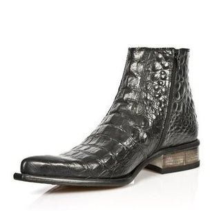 New Rock Men's Shoes Black Africa Caiman Crocodile Print / Calf-Skin Leather Boots M-2260-C23 (NR1207)-AmbrogioShoes