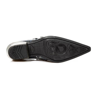 New Rock Men's Shoes Black & Blue Crocodile Print / Calf-Skin Leather Monk-Straps Loafers M-2246-C37 (NR1280)-AmbrogioShoes
