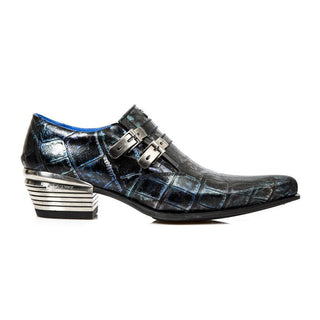 New Rock Men's Shoes Black & Blue Crocodile Print / Calf-Skin Leather Monk-Straps Loafers M-2246-C37 (NR1280)-AmbrogioShoes
