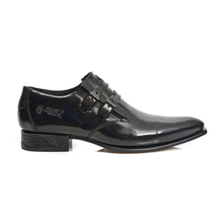 New Rock Men's Shoes Black Calf-Skin Leather Monk-Straps Loafers M-2246-C34 (NR1268)-AmbrogioShoes