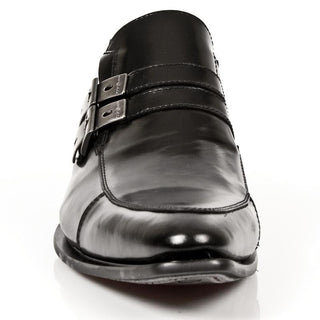 New Rock Men's Shoes Black Calf-Skin Leather Monk-Straps Loafers M-NW110-C1 (NR1254)-AmbrogioShoes