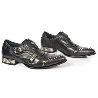 New Rock Men's Shoes Black Calf-Skin Leather Monk-Straps Loafers M-NW124-C1 (NR1236)-AmbrogioShoes