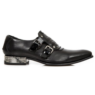 New Rock Men's Shoes Black Calf-Skin Leather Monk-Straps Loafers M-NW153-C1 (NR1285)-AmbrogioShoes