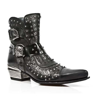 New Rock Men's Shoes Black Calf-Skin Leather Silverbit Spike Ankle-Boots M-NW132-C1 (NR1215)-AmbrogioShoes