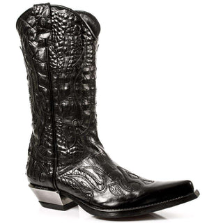 New Rock Men's Shoes Black Cow-Boy Style Alligator Print Leather Boots M-7921-S1 (NR1127)-AmbrogioShoes
