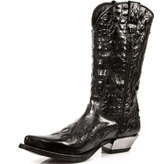 New Rock Men's Shoes Black Cow-Boy Style Alligator Print Leather Boots M-7921-S1 (NR1127)-AmbrogioShoes