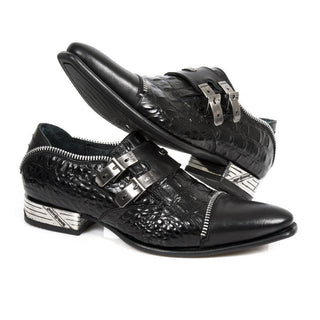 New Rock Men's Shoes Black Crocodile Print / Calf-Skin Leather Cap-Toe Monk-Straps Loafers M-NW148-C1(NR1275)-AmbrogioShoes