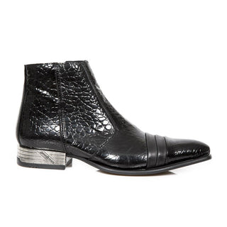 New Rock Men's Shoes Black Exotic-Print /Calf-Skin Leather Ankle Cap-Toe Boots M-NW109-C1(NR1228)-AmbrogioShoes