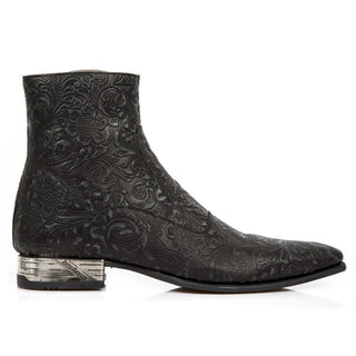 New Rock Men's Shoes Black Flower Print / Calf-Skin Leather Ankle Boots M-NW121-C21 (NR1291)-AmbrogioShoes