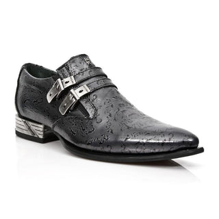 New Rock Men's Shoes Black Flower Print / Calf-Skin Leather Monk-Straps Loafers M-2246-C31 (NR1258)-AmbrogioShoes