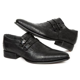 New Rock Men's Shoes Black Flower Print / Calf-Skin Leather Monk-Straps Loafers M-NW2288X-S1(NR1309)-AmbrogioShoes