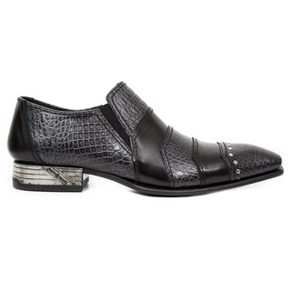 New Rock Men's Shoes Black & Gray Cocodile Print / Calf-Skin Leather Loafers M-NW123-C5 (NR1301)-AmbrogioShoes