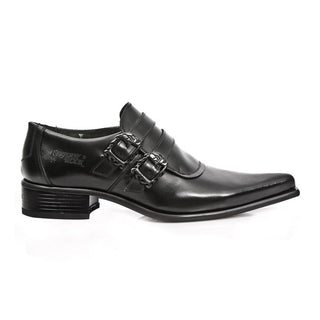 New Rock Men's Shoes Black Plain Calf-Skin Leather Double Monk-Straps Loafers M-2295-C1 (NR1223)-AmbrogioShoes