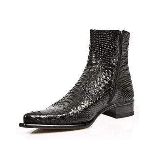 New Rock Men's Designer Shoes Black Python Print / Calf-Skin Leather Ankle Boots M-NW121-C1 (NRS1202)-AmbrogioShoes