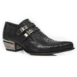 New Rock Men's Shoes Black Python Print / Calf-Skin Leather Monk-Straps Loafers M-2246-C26 (NR1247)-AmbrogioShoes