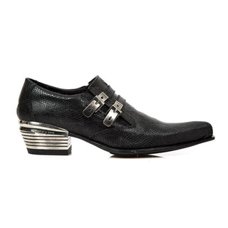 New Rock Men's Shoes Black Python Print / Calf-Skin Leather Monk-Straps Loafers M-2246-C39 (NR1281)-AmbrogioShoes