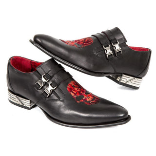 New Rock Men's Shoes Black & Red Calf-Skin Leather Monk-Straps Loafers M-NW155-C1 (NR1298)-AmbrogioShoes