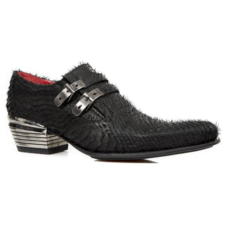 New Rock Men's Shoes Black Shredded Texture Calf-Skin Leather Monk-Straps Loafers M-2246-C43 (NR1295)-AmbrogioShoes