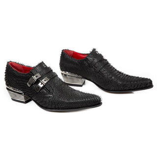 New Rock Men's Shoes Black Shredded Texture Calf-Skin Leather Monk-Straps Loafers M-2246-C43 (NR1295)-AmbrogioShoes