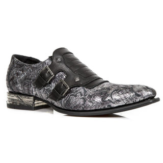 New Rock Men's Shoes Black & Siler Flower Print / Calf-Skin Leather Monk-Straps Loafers M-NW153-C2 (NR1287)-AmbrogioShoes
