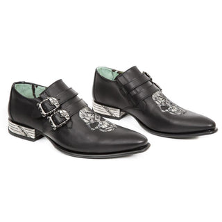 New Rock Men's Shoes Black & Silver Calf-Skin Leather Monk-Straps Loafers M-NW156-C1 (NR1299)-AmbrogioShoes