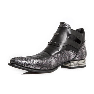 New Rock Men's Shoes Black & Silver Flower Print / Calf-Skin Leather Ankle Boots M-NW151-C1 (NR1284)-AmbrogioShoes