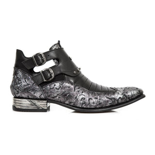 New Rock Men's Shoes Black & Silver Flower Print / Calf-Skin Leather Ankle Boots M-NW151-C1 (NR1284)-AmbrogioShoes