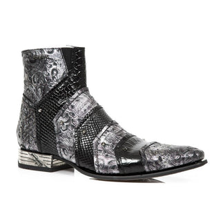 New Rock Men's Shoes Black & Silver Flower / Python Print Ankle Boots M-NW150-C1(NR1277)-AmbrogioShoes