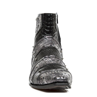 New Rock Men's Shoes Black & Silver Flower / Python Print Ankle Boots M-NW150-C1(NR1277)-AmbrogioShoes
