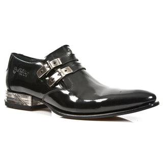 New Rock Men's Shoes Black Smooth Calf-Skin Leather Monk-Straps Loafers M-2246-C50 (NR1290)-AmbrogioShoes