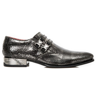 New Rock Men's Shoes Black Texture Calf-Skin Leather Monk-Straps Loafers M-2288-C4 (NR1294)-AmbrogioShoes