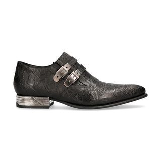 New Rock Men's Shoes Black Vintage Flower Print / Calf-Skin Leather Monkstraps Loafers M-2246-C107 (NR1213)-AmbrogioShoes