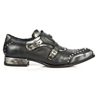 New Rock Men's Shoes Black and Silver Calf-Skin Leather Monk-Straps Loafers M-NW124-C2 (NR1237)-AmbrogioShoes