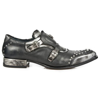 New Rock Men's Shoes Black and Silver Calf-Skin Leather Monk-Straps Loafers M-NW124-C2 (NR1237)-AmbrogioShoes