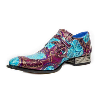 New Rock Men's Shoes Blue / Brown Vintage Flower Print Leather Monk-Straps Loafers M.NW2288-S30 (NR1120)-AmbrogioShoes