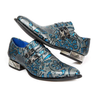 New Rock Men's Shoes Blue Vintage Flower Print Leather Monk-Straps Loafers M.NW2288-S26 (NR1119)-AmbrogioShoes