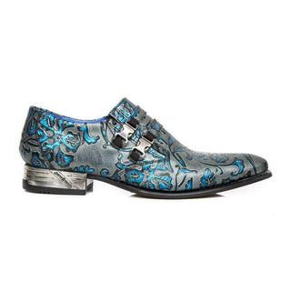 New Rock Men's Shoes Blue Vintage Flower Print Leather Monk-Straps Loafers M.NW2288-S26 (NR1119)-AmbrogioShoes